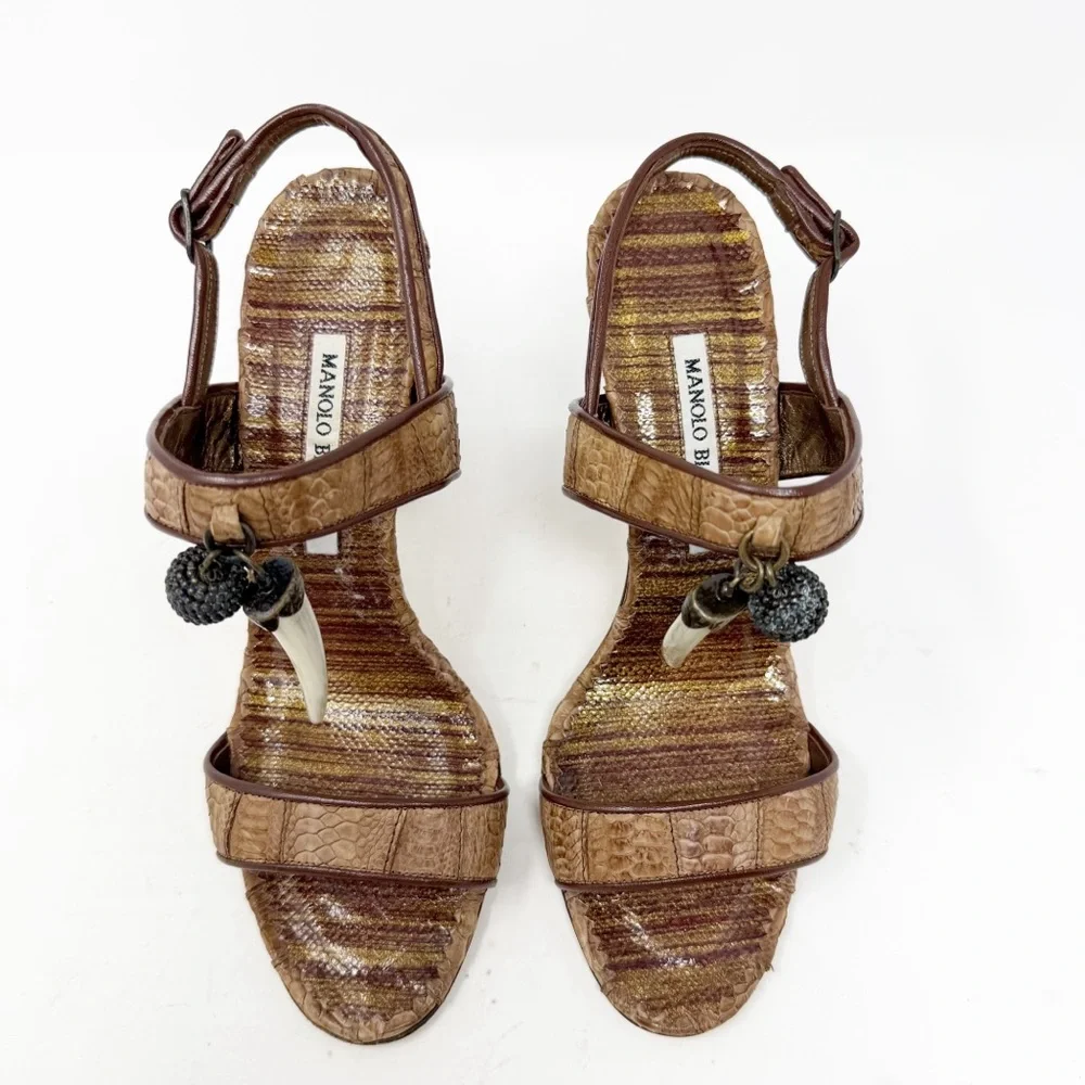 Manolo Blahnik Python Leather Charm Slingback Sandals Heels Womens Size EU 38.5